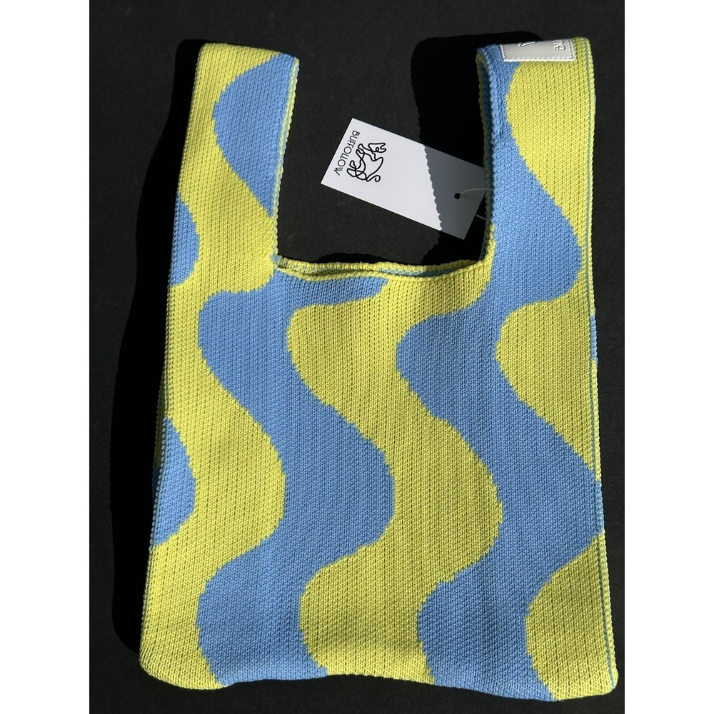 Buffollow Knit Mini Tote Bag Wavy Pattern Blue Lime Green One Handle NWT